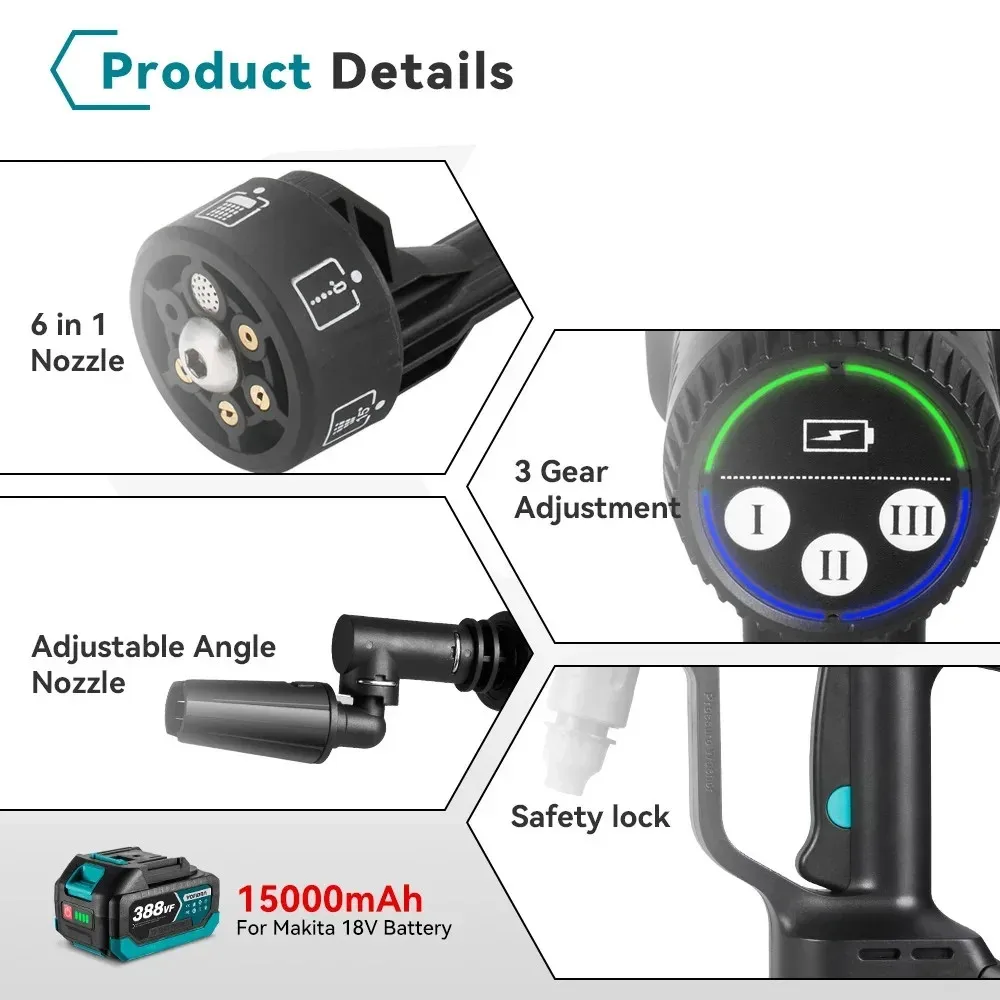 3500W 200Bar Brushless Electric High Pressure Washer Cordless Efficient Car Garden Cleaning Spray Gun for Makita 18V Battery