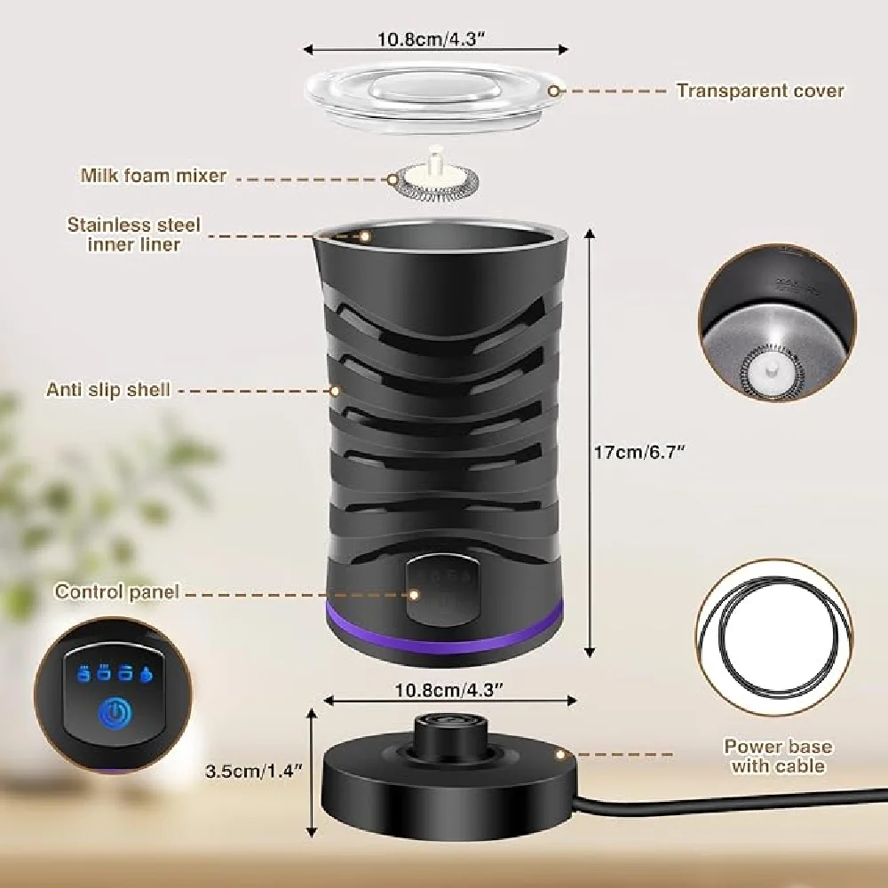 4-in-1 Electric Milk Frother & Warmer - 600ml Large Capacity, for Hot/Cold Froth, Hot Milk & Chocolate