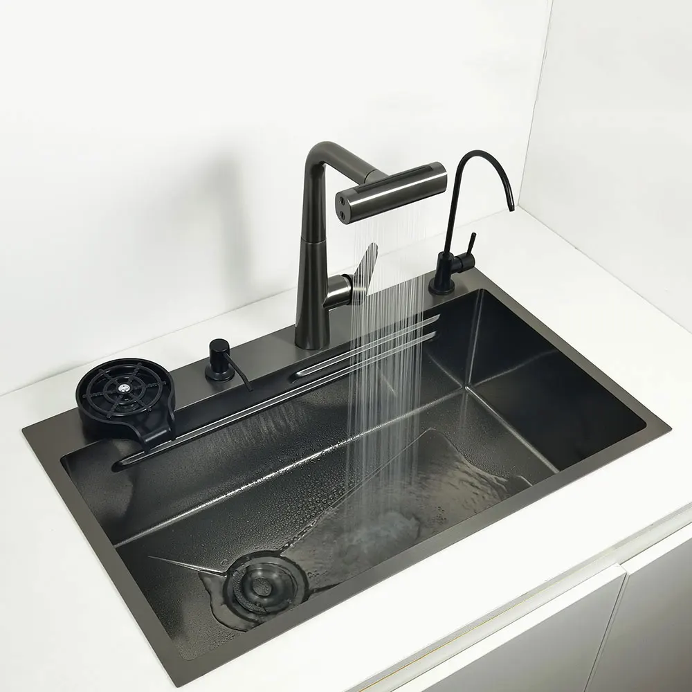 Honeycomb Kitchen Sink Anti-Scratch Nano Technology Left Drain Above Mount Washing Basin Stainless Steel Sinks Waterfall Faucet