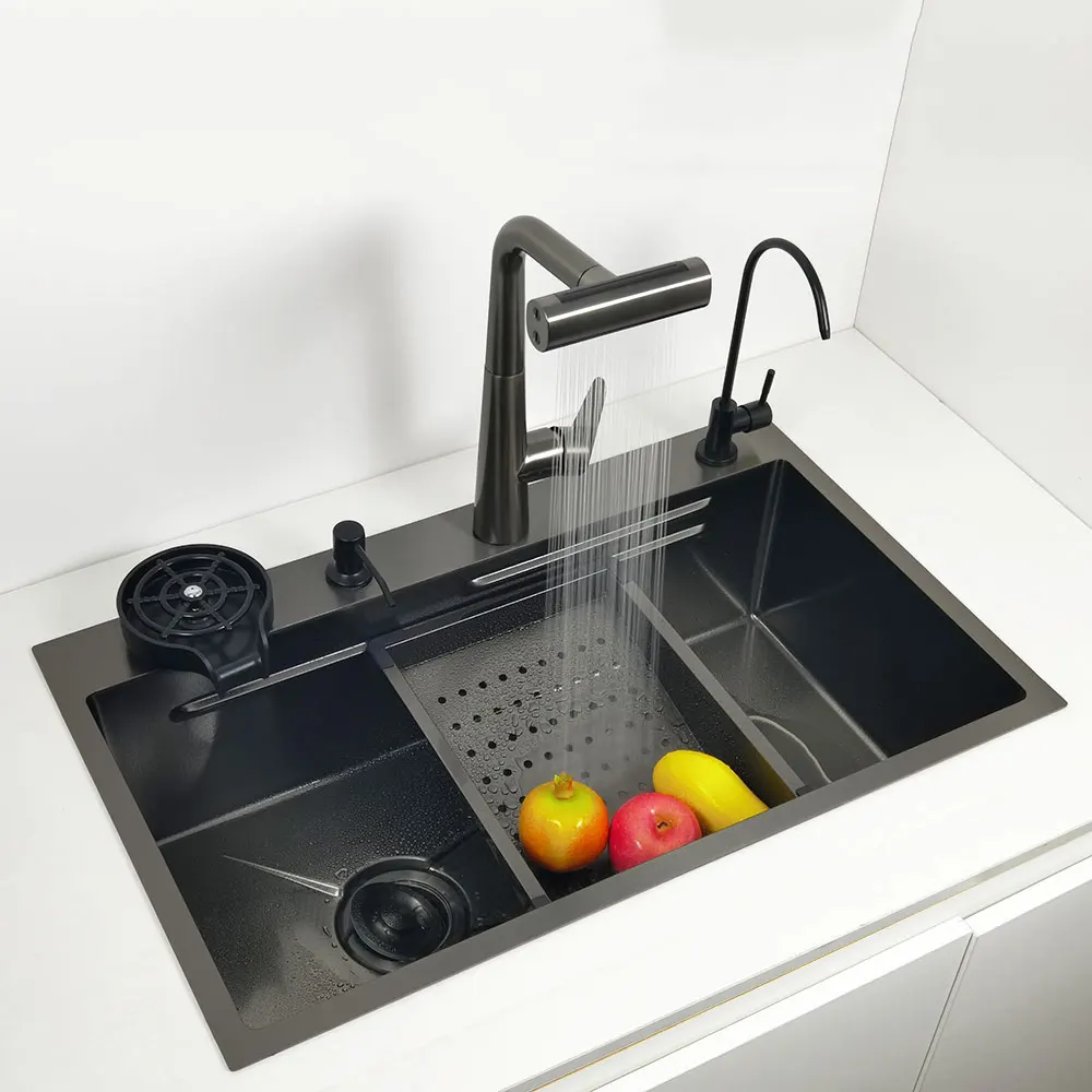Honeycomb Kitchen Sink Anti-Scratch Nano Technology Left Drain Above Mount Washing Basin Stainless Steel Sinks Waterfall Faucet