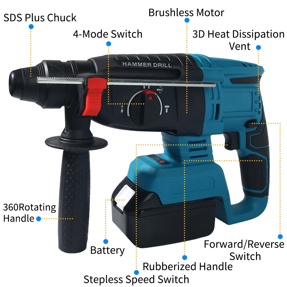26MM Brushless Electric Hammer Drill Multifunctional Rotary Cordless Rechargeable Power Tools For Makita 18V Battery