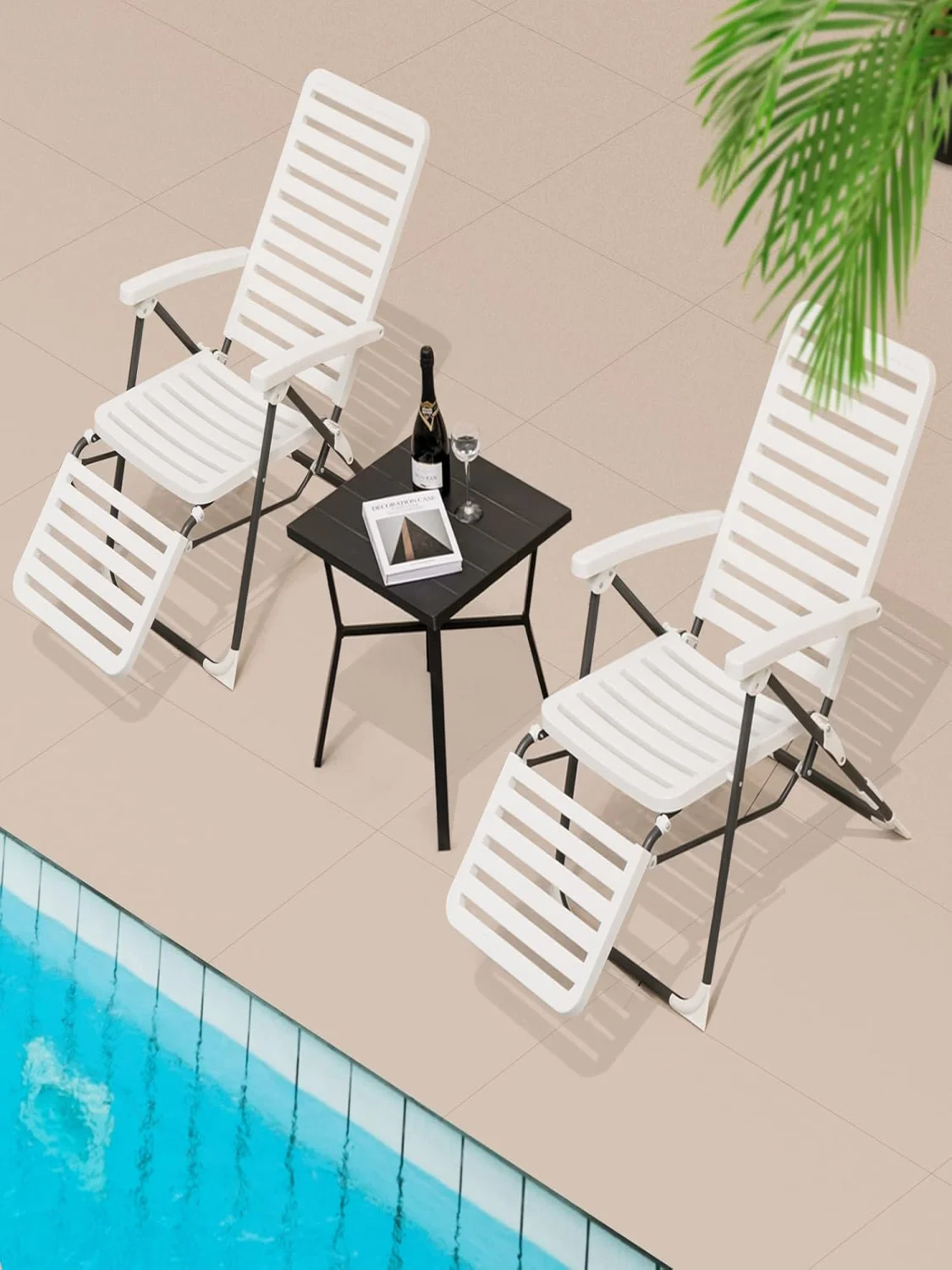 Patio Chaise Lounge Chair, Folding Reclining Chair w/ 7-Position Backrest & Cozy Footrest, Weatherproof PP Material