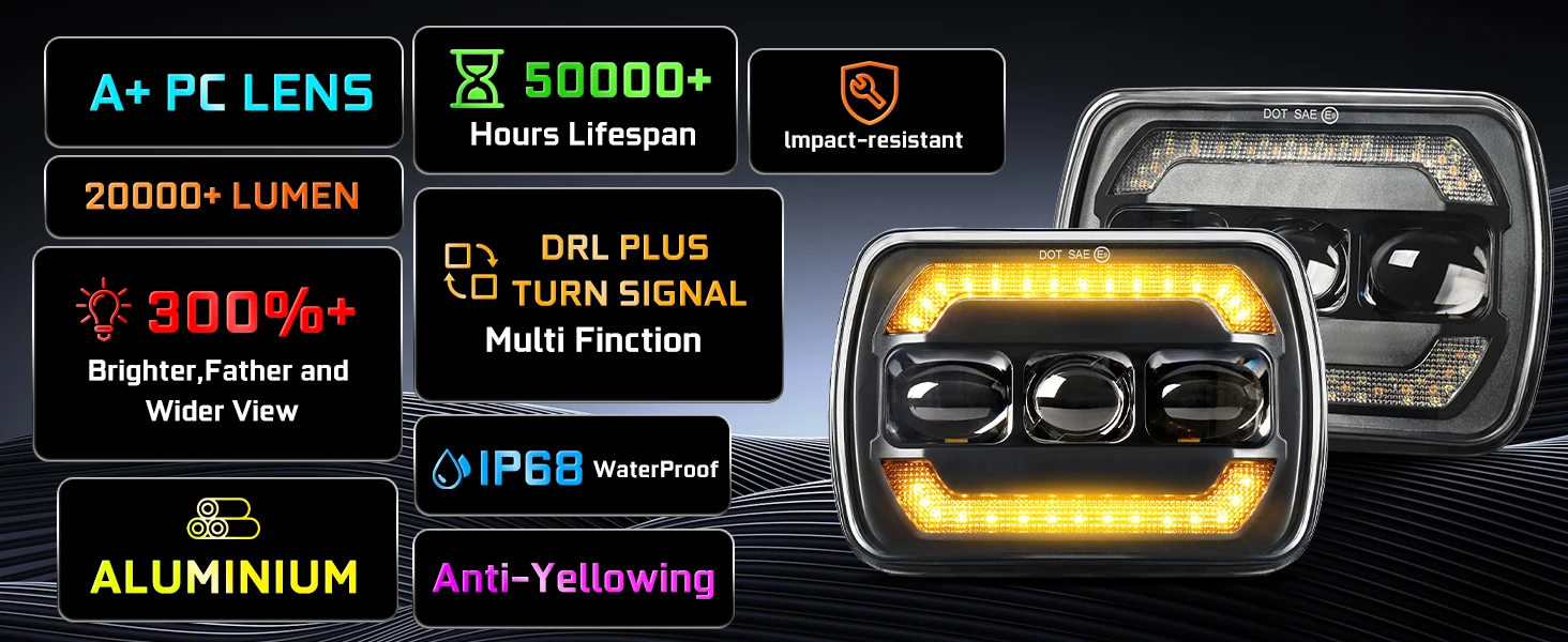 UNISHINE 5x7inch LED Headlights Turn Signal DRL Hi/Low Seal Beam Replace H6054 H5054 Headlight for XJ -Wrangler YJ Trucks 12V off-road use