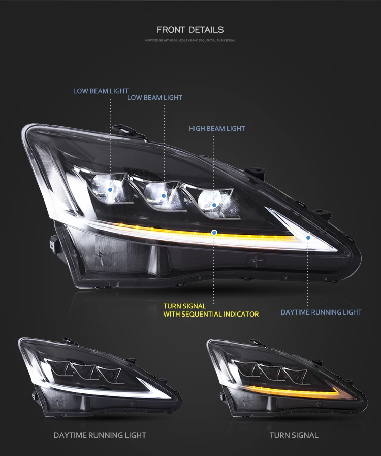 VLAND 2005-2013 Lexus IS250 IS350 IS300 & 2007-2014 ISF LED Headlights 2PCS, E-Mark Certified Headlamps with Sequential Turn Signal, Plug & Play, Front Light Upgrade Replacement