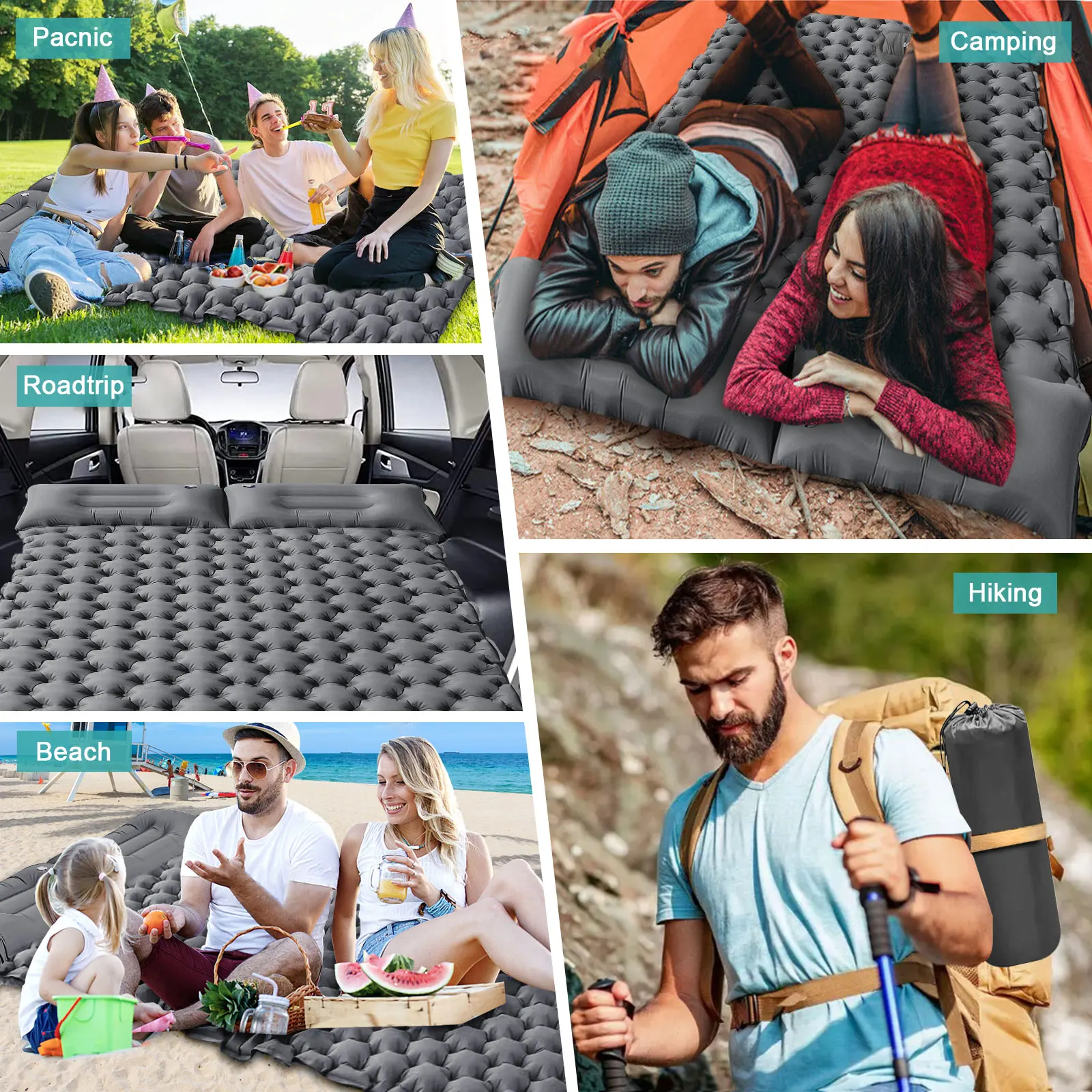 Double Inflatable Camping Sleeping Pad, with Pillow Built-in Foot Pump for Outdoor Backpacking Hiking Portable Camping Pad