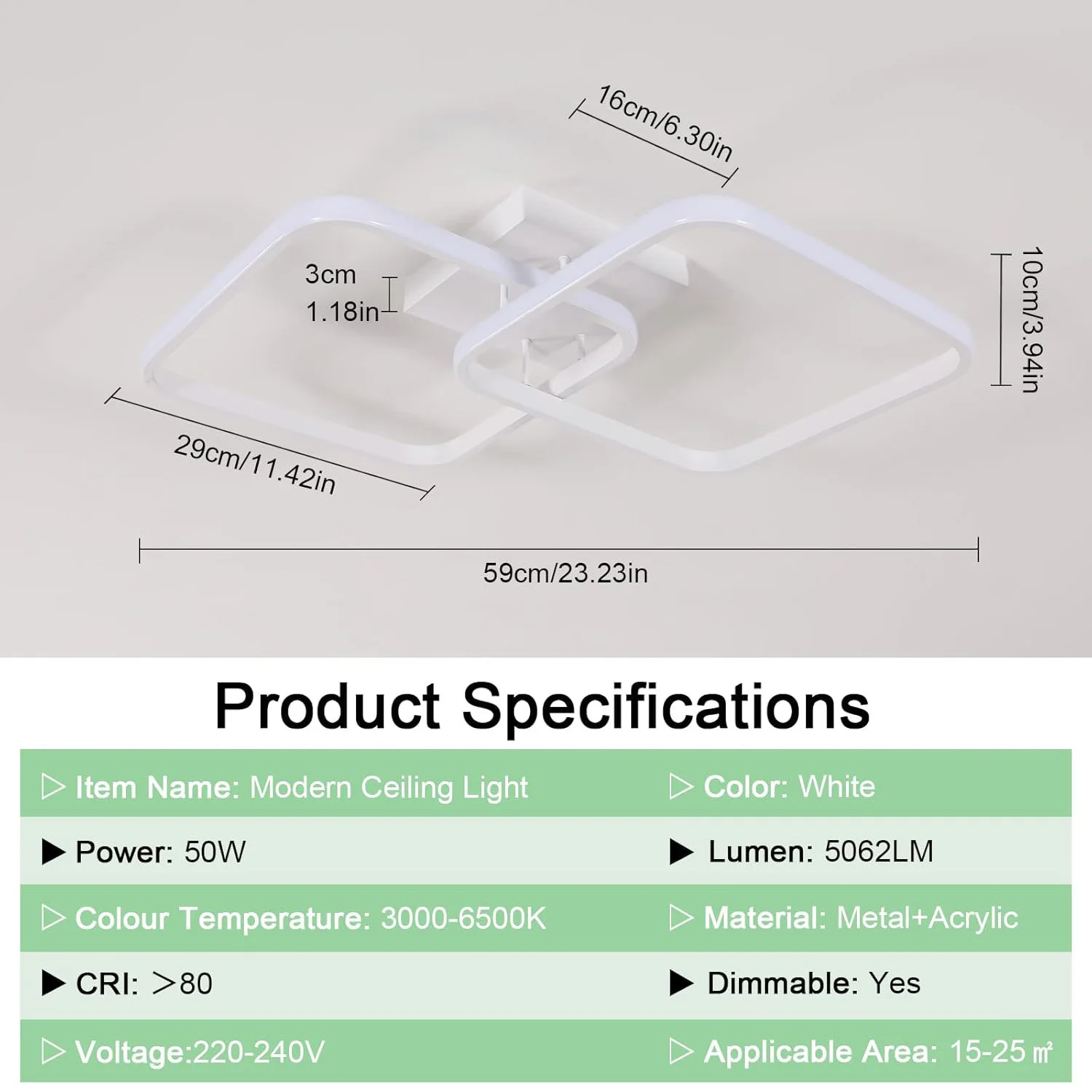 Dimmable Ceiling Light, Remote Controlled Ceiling Lamp 3000K-6500K , Modern LED Square Ceiling Light for Bedroom Living Room