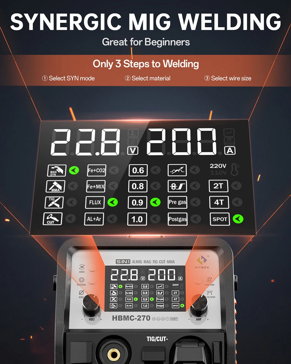 HITBOX HBMC270 Aluminium MIG Welder With Synergistic Control 6 in 1 Stick MMA ARC HF TIG CUT Gas/Gasless MIG Spot Welding for Aluminum Stainless Steel Cutter Large LED Display IGBT Inverter Great for Beginners