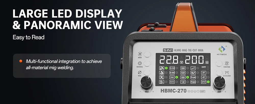 HITBOX HBMC270 Aluminium MIG Welder With Synergistic Control 6 in 1 Stick MMA ARC HF TIG CUT Gas/Gasless MIG Spot Welding for Aluminum Stainless Steel Cutter Large LED Display IGBT Inverter Great for Beginners