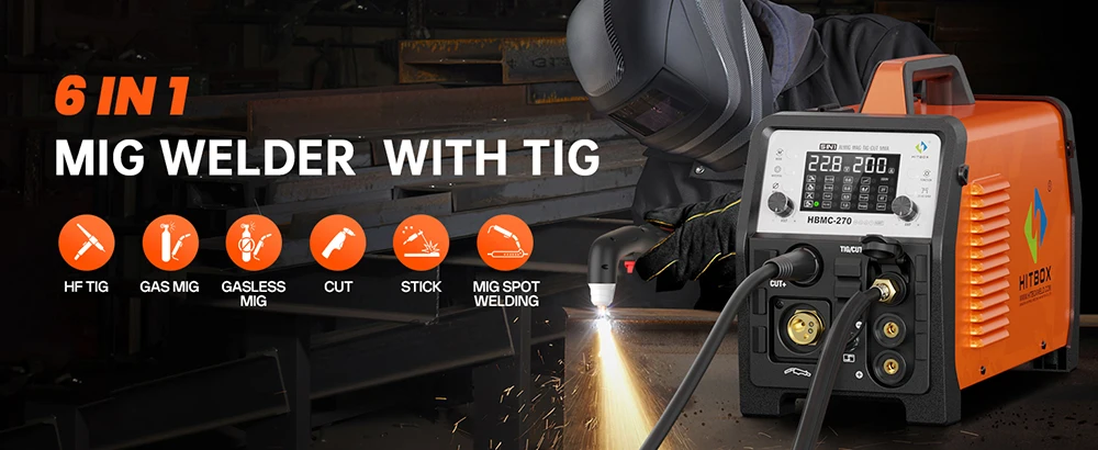 HITBOX HBMC270 Aluminium MIG Welder With Synergistic Control 6 in 1 Stick MMA ARC HF TIG CUT Gas/Gasless MIG Spot Welding for Aluminum Stainless Steel Cutter Large LED Display IGBT Inverter Great for Beginners