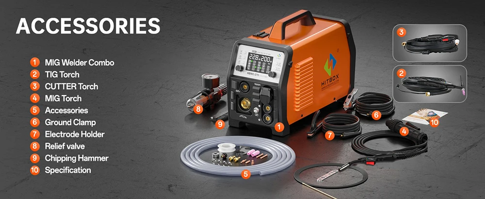 HITBOX HBMC270 Aluminium MIG Welder With Synergistic Control 6 in 1 Stick MMA ARC HF TIG CUT Gas/Gasless MIG Spot Welding for Aluminum Stainless Steel Cutter Large LED Display IGBT Inverter Great for Beginners