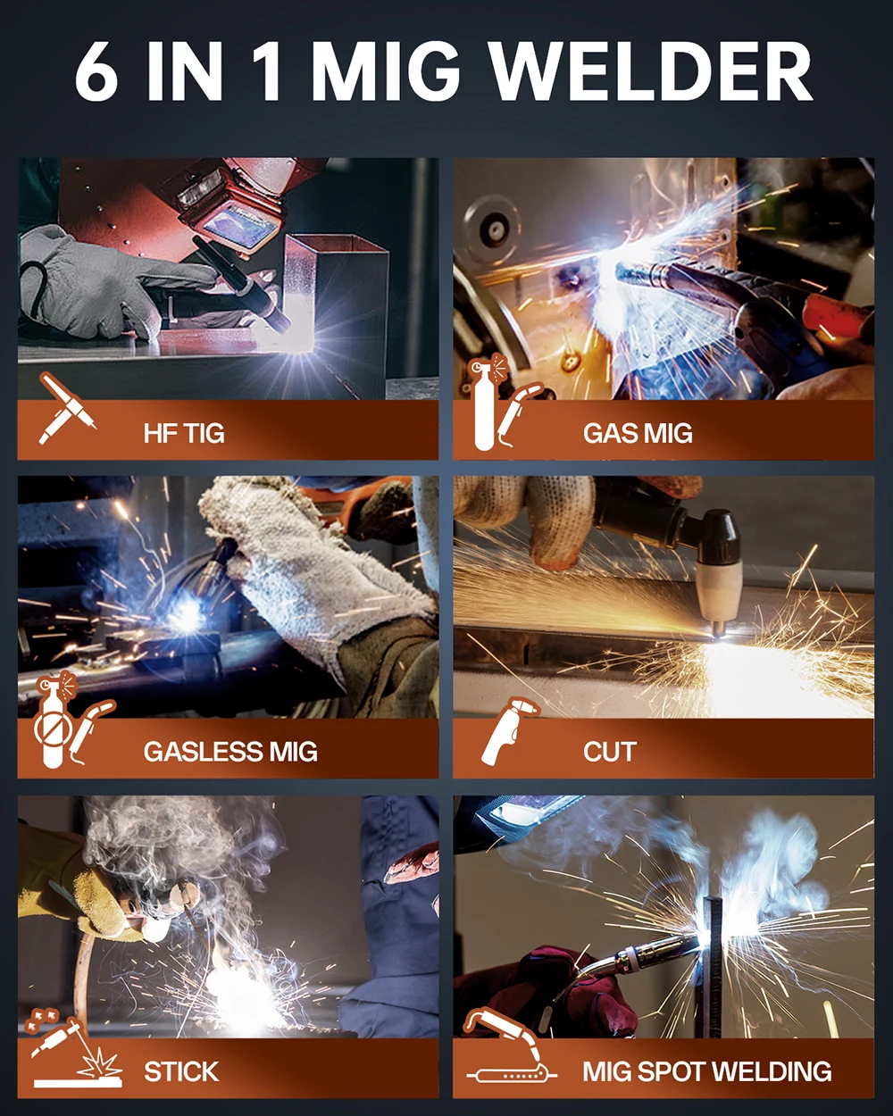 HITBOX HBMC270 Aluminium MIG Welder With Synergistic Control 6 in 1 Stick MMA ARC HF TIG CUT Gas/Gasless MIG Spot Welding for Aluminum Stainless Steel Cutter Large LED Display IGBT Inverter Great for Beginners
