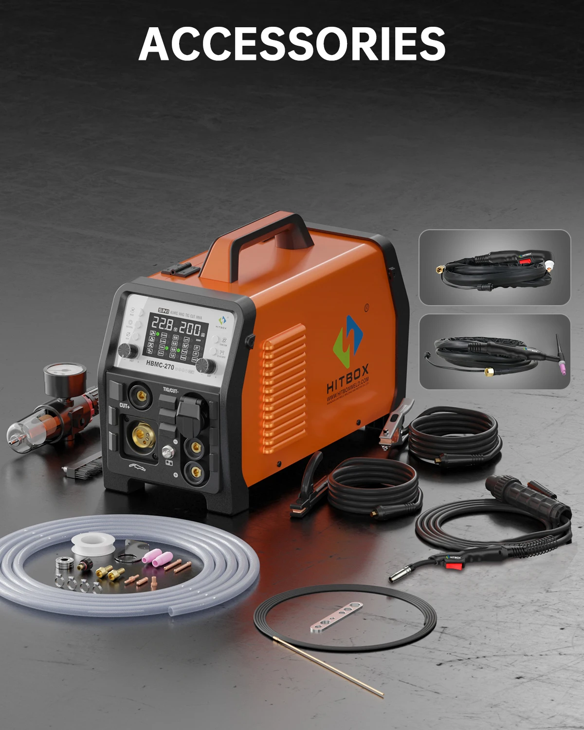 HITBOX HBMC270 Aluminium MIG Welder With Synergistic Control 6 in 1 Stick MMA ARC HF TIG CUT Gas/Gasless MIG Spot Welding for Aluminum Stainless Steel Cutter Large LED Display IGBT Inverter Great for Beginners