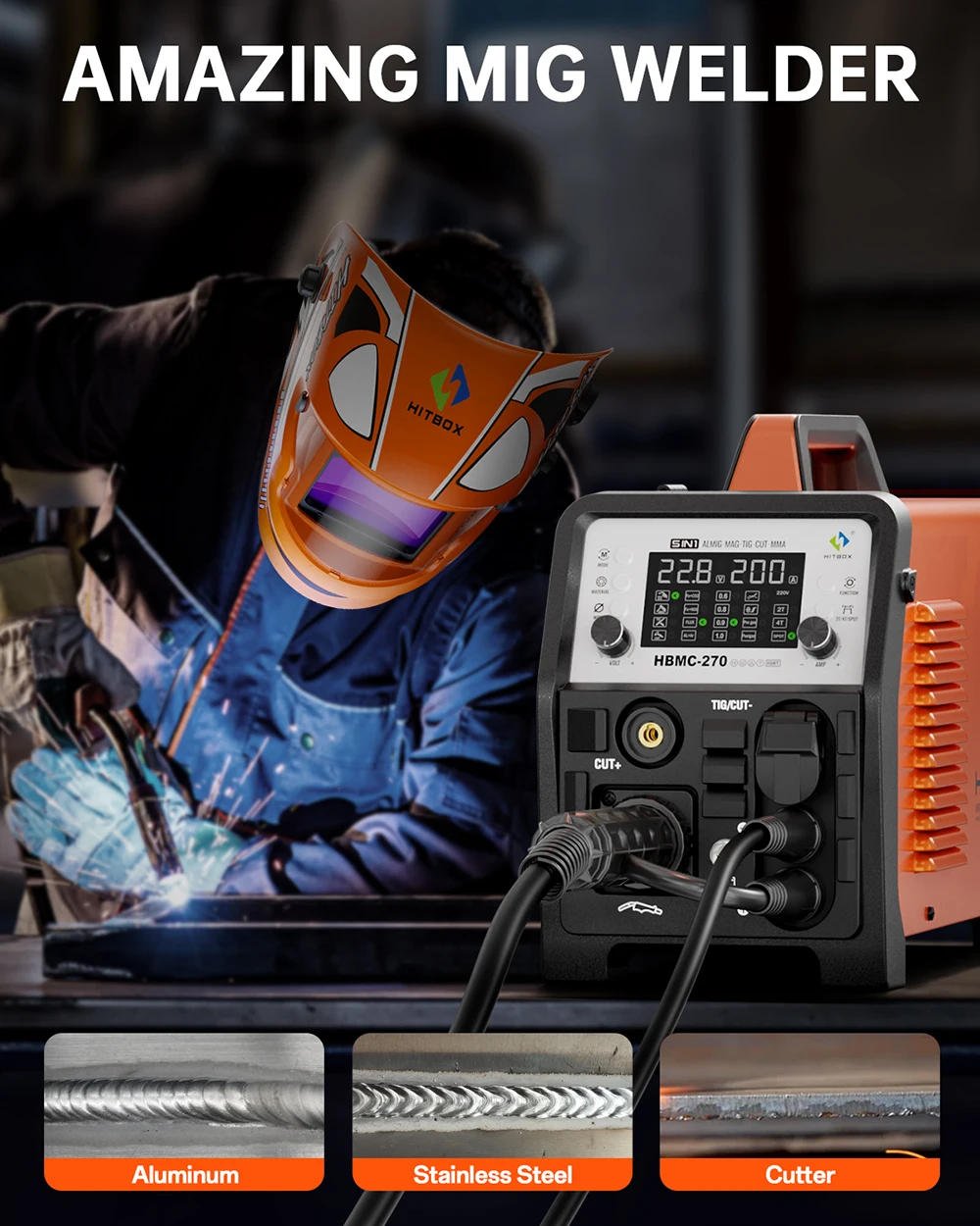 HITBOX HBMC270 Aluminium MIG Welder With Synergistic Control 6 in 1 Stick MMA ARC HF TIG CUT Gas/Gasless MIG Spot Welding for Aluminum Stainless Steel Cutter Large LED Display IGBT Inverter Great for Beginners