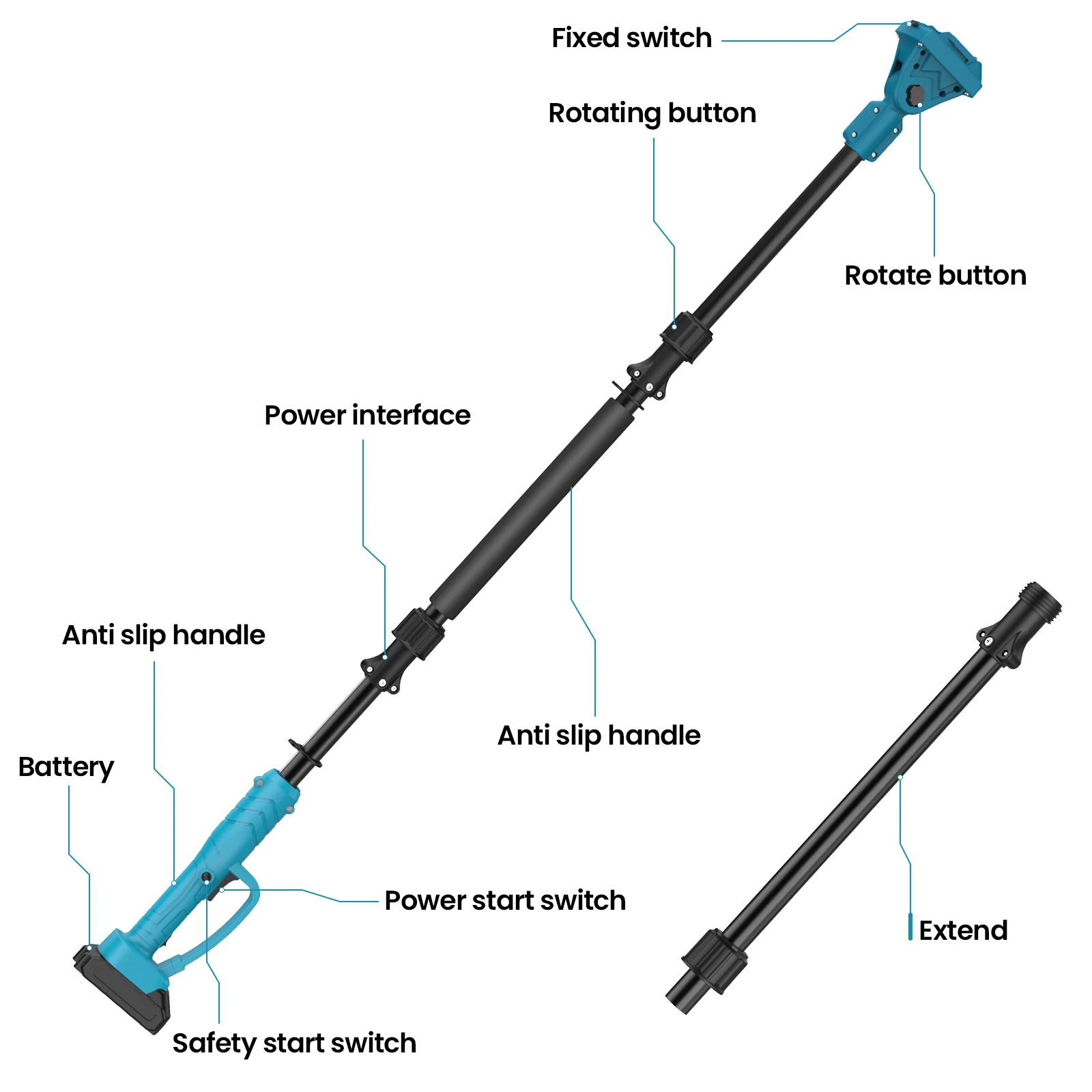 2M Plug In Type Extension Rod For Electric Pruning Shear&Chainsaw 180° Adjust High Branch Telescoping Rod For Makita 18V Batter