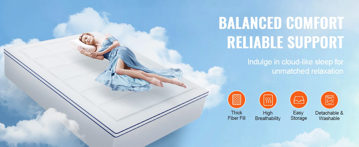 SucceBuy Mattress Topper 1" Thickness Fiber Fill Pad, Detachable & Washable Layer, Detachable Bedside Pocket for Holding Items
