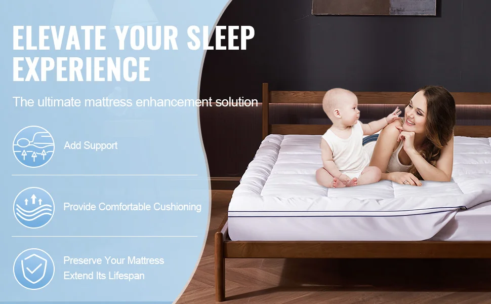 SucceBuy Mattress Topper 1" Thickness Fiber Fill Pad, Detachable & Washable Layer, Detachable Bedside Pocket for Holding Items