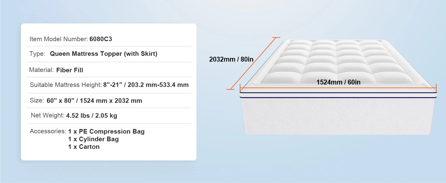 SucceBuy Mattress Topper 1" Thickness Fiber Fill Pad, Detachable & Washable Layer, Detachable Bedside Pocket for Holding Items