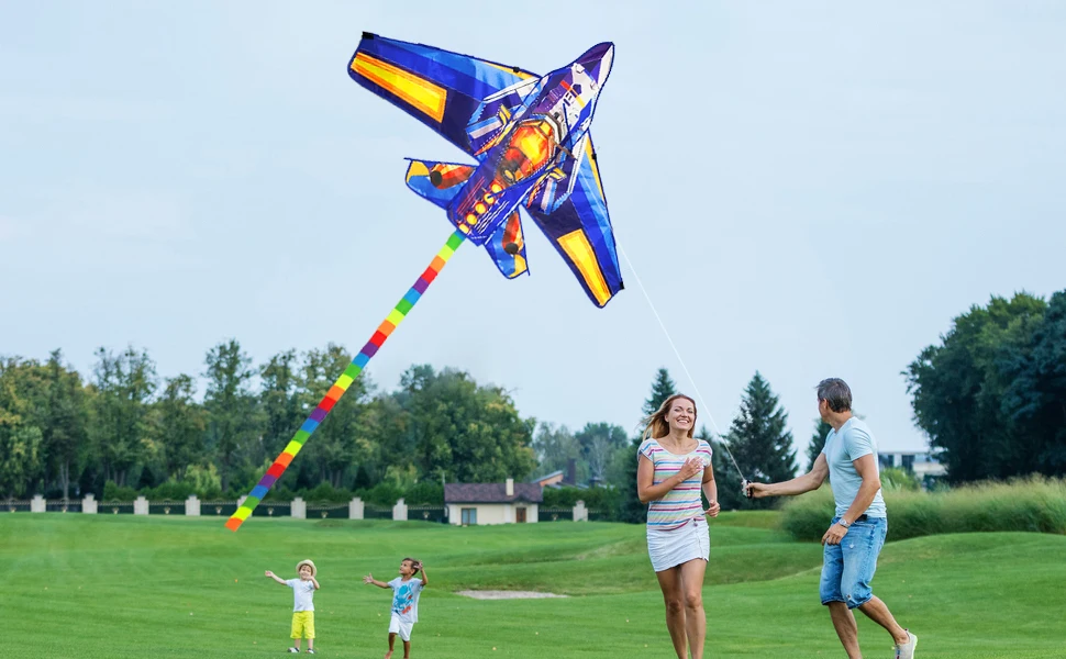 New Outdoor Fun Sport  Blue Plane Kite Beginner Kites For Adults And Kids Come With String And Handle