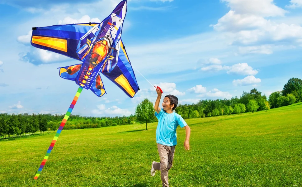 New Outdoor Fun Sport  Blue Plane Kite Beginner Kites For Adults And Kids Come With String And Handle