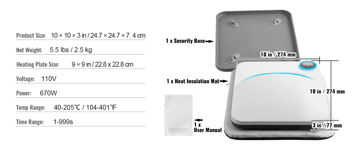 SucceBuy 9x9/12x10 in Portable Heat Press Machine DIY Shirt Printing Multifunctional Sublimation Transfer HTV Vinyl T-shirt Bag