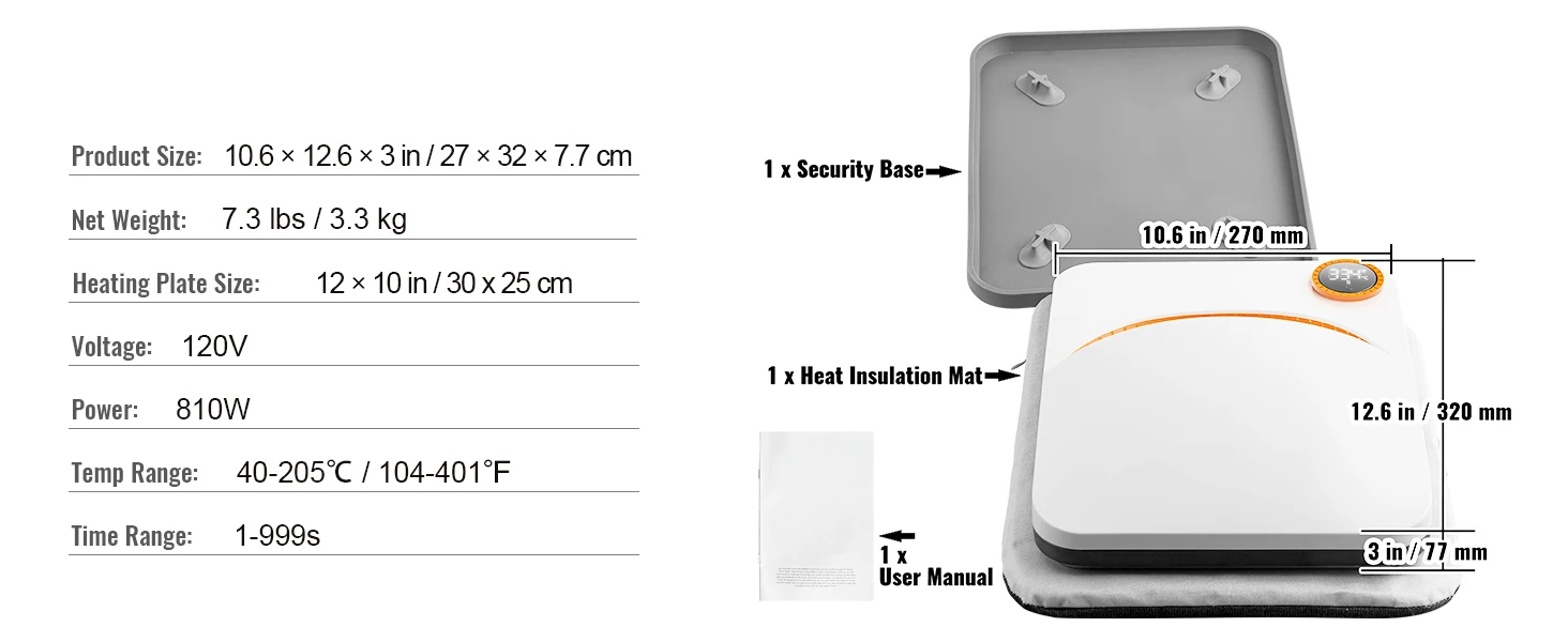 SucceBuy 9x9/12x10 in Portable Heat Press Machine DIY Shirt Printing Multifunctional Sublimation Transfer HTV Vinyl T-shirt Bag