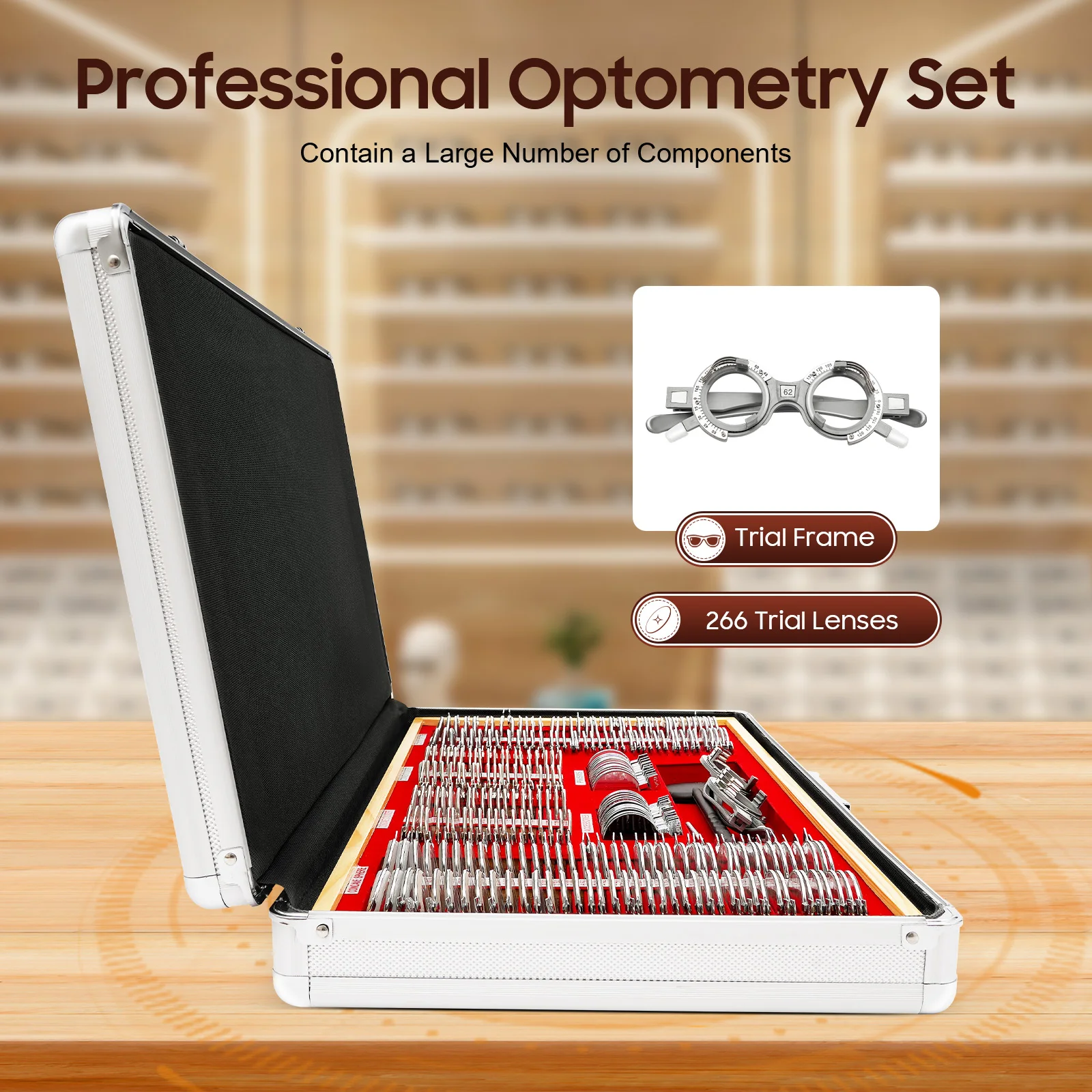 Professional Trial Lens Set with 266 Lenses, Sturdy Glass and Metal Frames, High-Quality Velvet Case, Easy Assembly and Safe