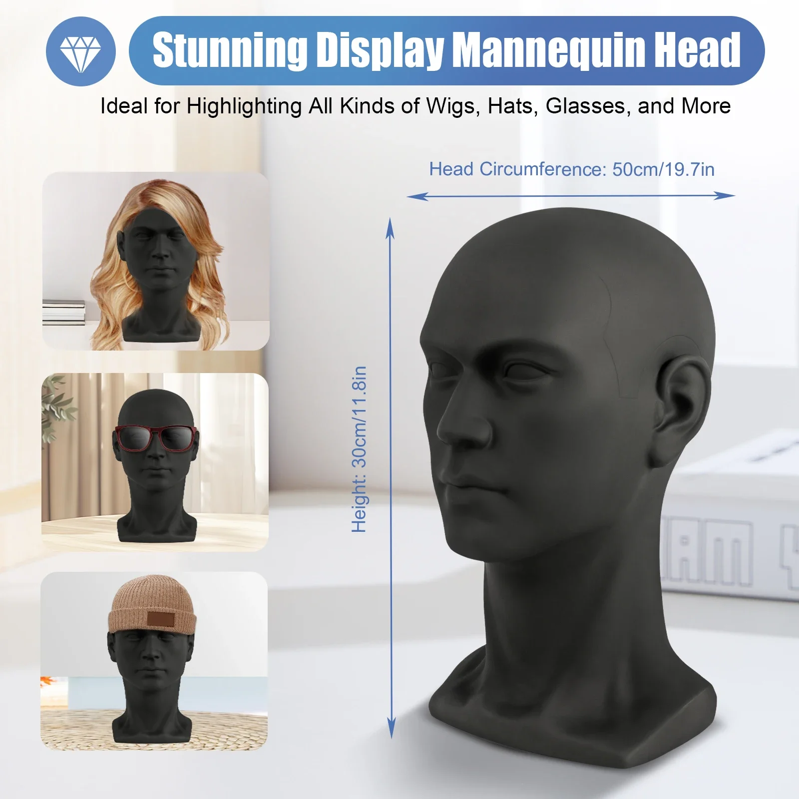 50cm Male Model Head PVC Wig Head Decorative Head Mannequin Head Hat Glasses for Wigs, Hats, Turbans, Necklaces and Hairstyles