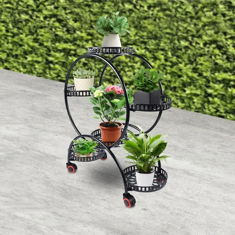 Plant Stand, Trolley, Flower Shelf Made of Iron with Six Levels and Four Wheels for Indoor and Outdoor Use Flower Pot Holder