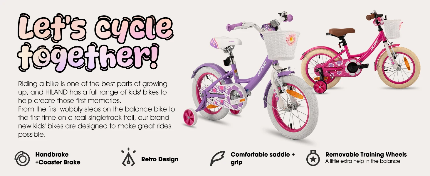 Hiland 12/14/16 Inch Children's Bicycle, 3-7 Years Girls Bicycle with Basket Stabilisers, Various Colours