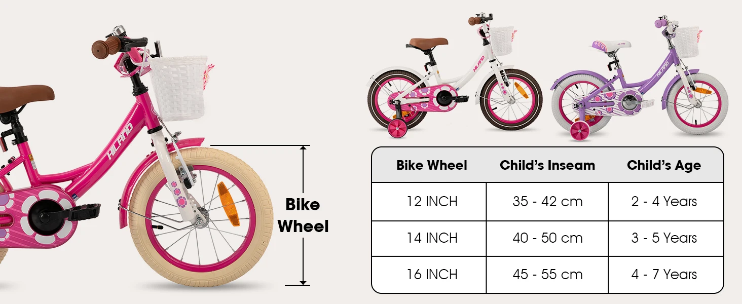 Hiland 12/14/16 Inch Children's Bicycle, 3-7 Years Girls Bicycle with Basket Stabilisers, Various Colours
