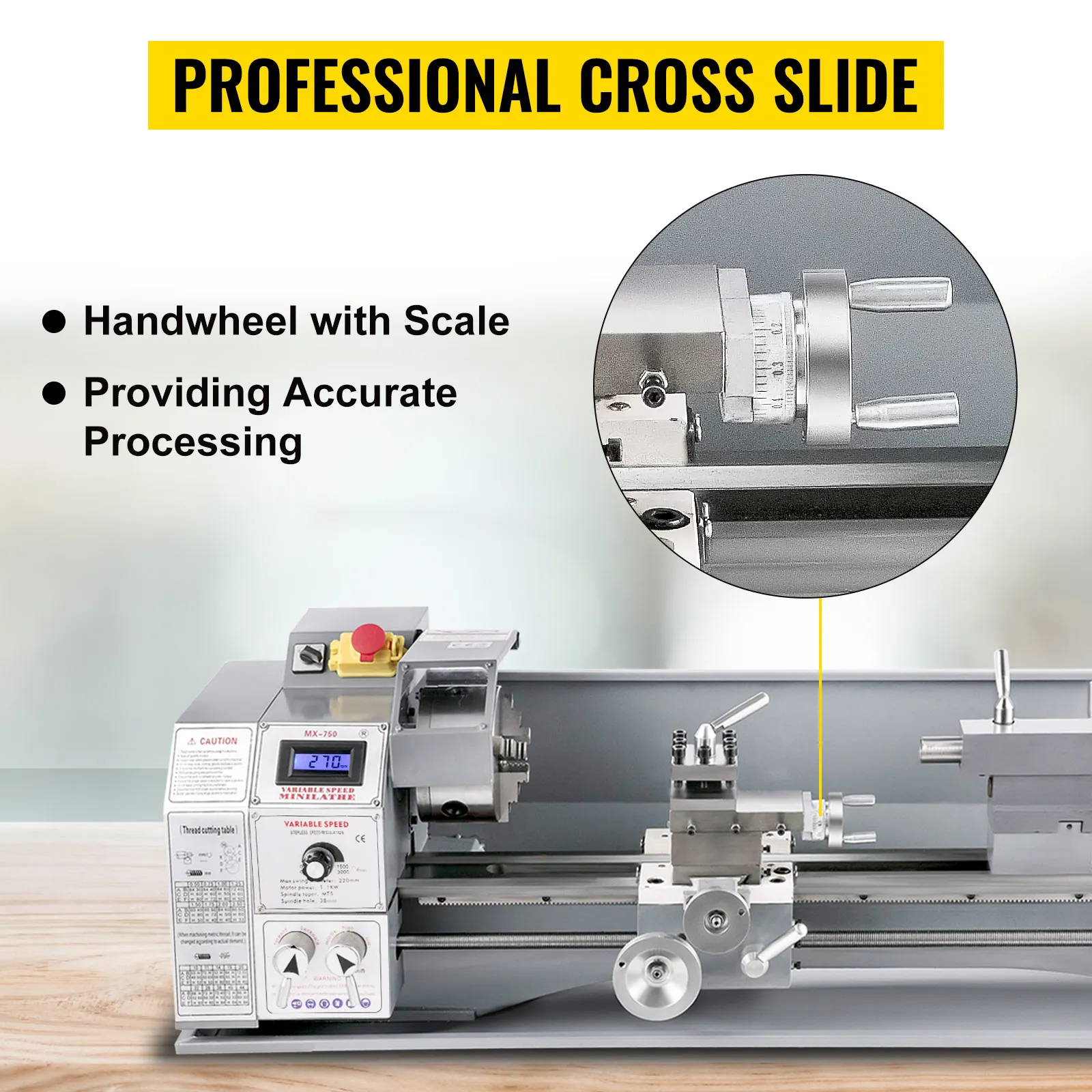 SucceBuy Metal Lathe 220 x 600MM 750W Infinitely Variable Speed Mini Lathe Machine LED Screen for Counter Face Turning Driling