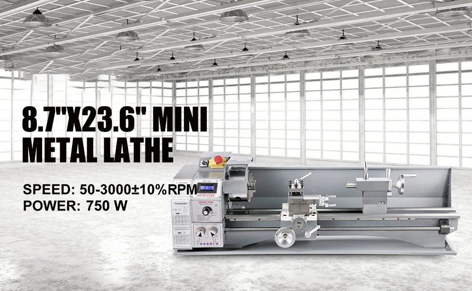 SucceBuy Metal Lathe 220 x 600MM 750W Infinitely Variable Speed Mini Lathe Machine LED Screen for Counter Face Turning Driling