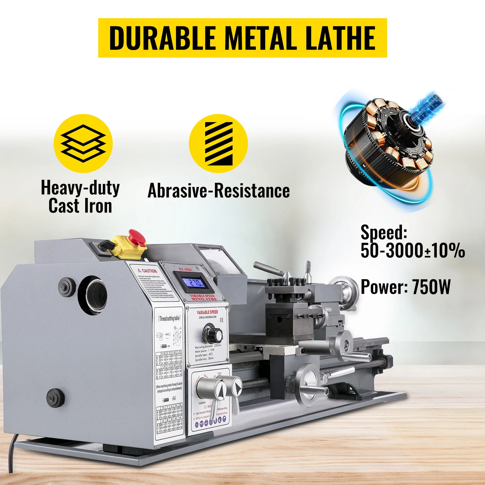 SucceBuy Metal Lathe 220 x 600MM 750W Infinitely Variable Speed Mini Lathe Machine LED Screen for Counter Face Turning Driling