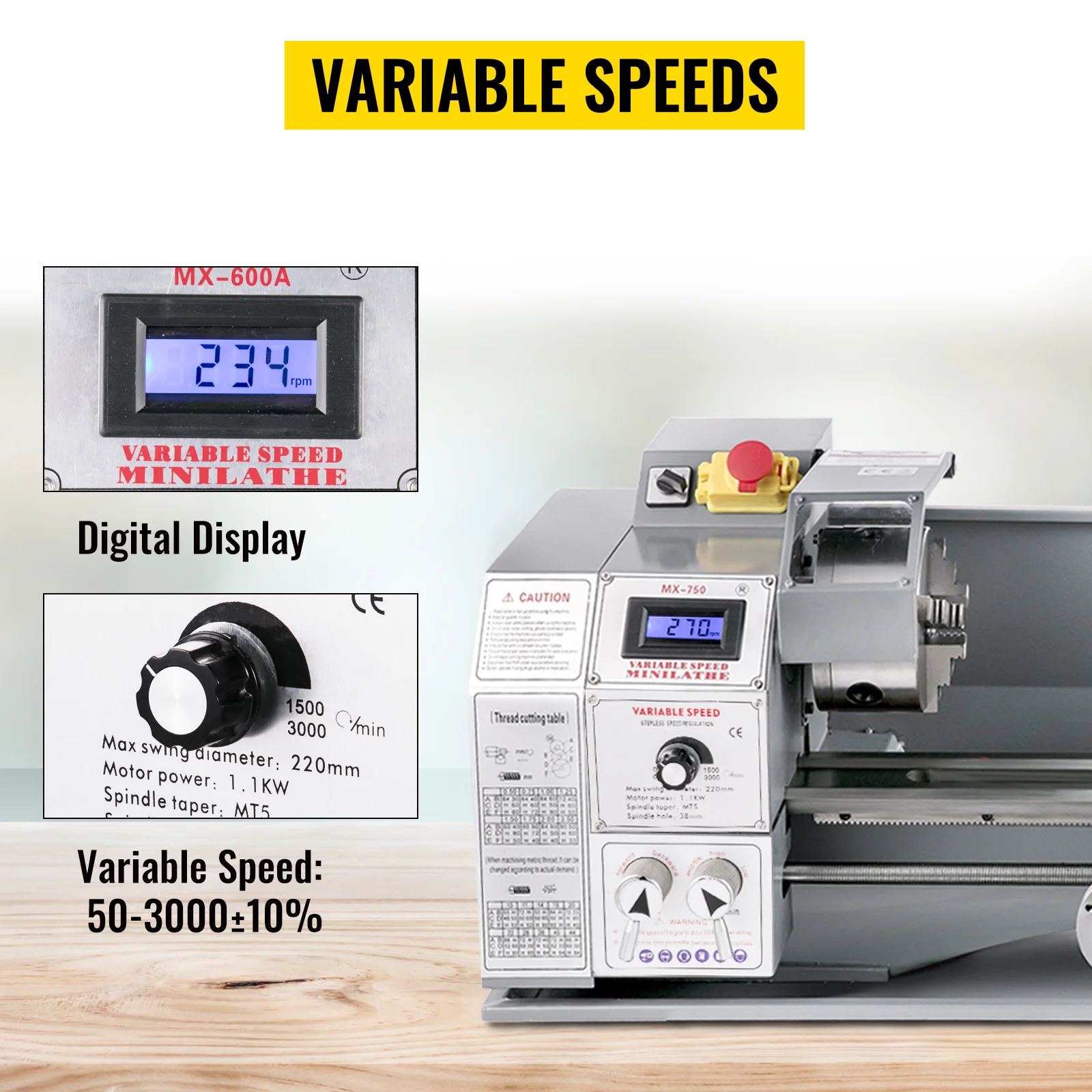 SucceBuy Metal Lathe 220 x 600MM 750W Infinitely Variable Speed Mini Lathe Machine LED Screen for Counter Face Turning Driling