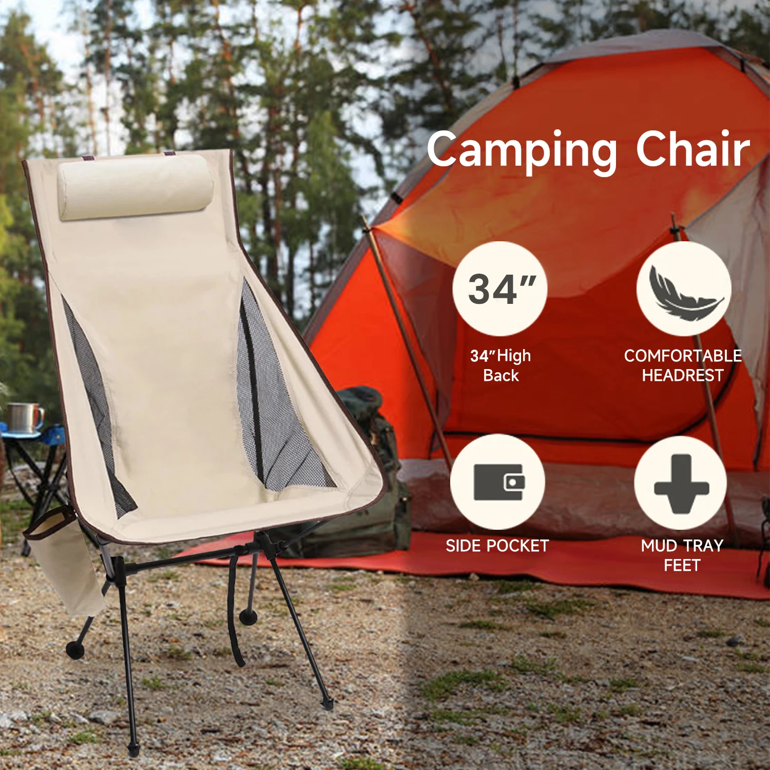 Portable Folding Camping Chair with Headrest Lightweight Aluminum Alloy Outdoor Chair for Fishing, Hiking,Travel & Picnic