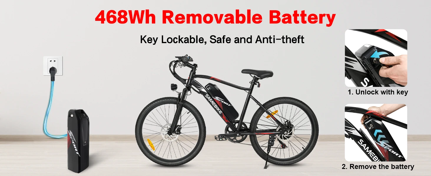 Samebike EBE2 Electric Bicycle 250W Adults 24 Inch Mountain Bike with 36V 13Ah Removable Battery