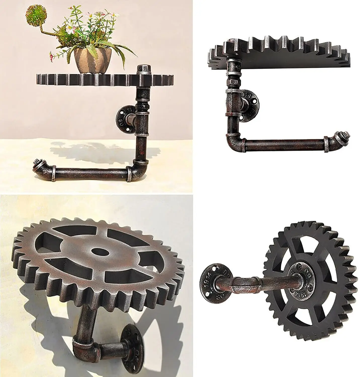 2Piece Floating Shelves Retro Industrial Iron Water Pipe Gear Design Wall Shelf Water Pipe Ledge Floating Shelf for Home Kitchen