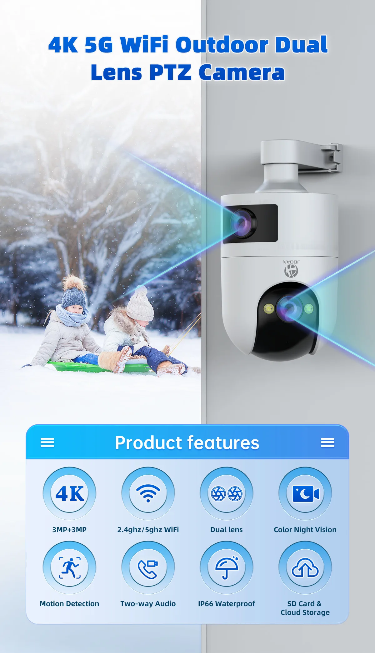 JOOAN 4K 6MP HD Wifi PTZ Camera Outdoor Dual Lens Dual Screen AI Tracking Color Night Vision Security Protection IP Camera