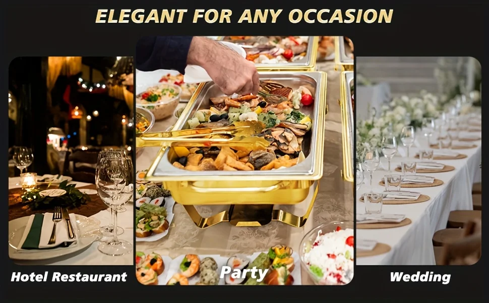 4pcs Stainless Steel Chafing Dishes Set, 8QT, Golden,Buffet, for Parties, Food Warmers, No Electricity Needed,only for cooking