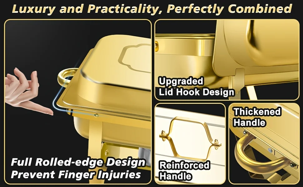 4pcs Stainless Steel Chafing Dishes Set, 8QT, Golden,Buffet, for Parties, Food Warmers, No Electricity Needed,only for cooking
