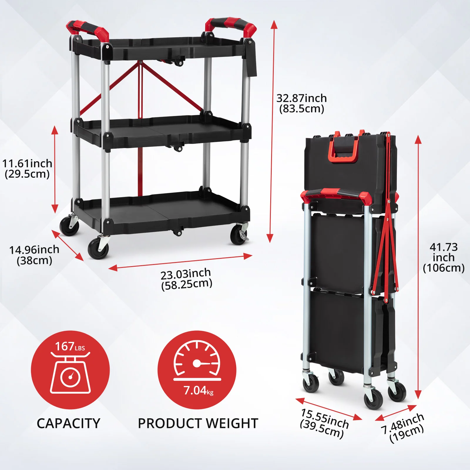 Portable Folding Service Cart with Wheels Tool Carts 3 Tier Rolling Utility Carts Collapsible Push Cart for Warehouse Garage