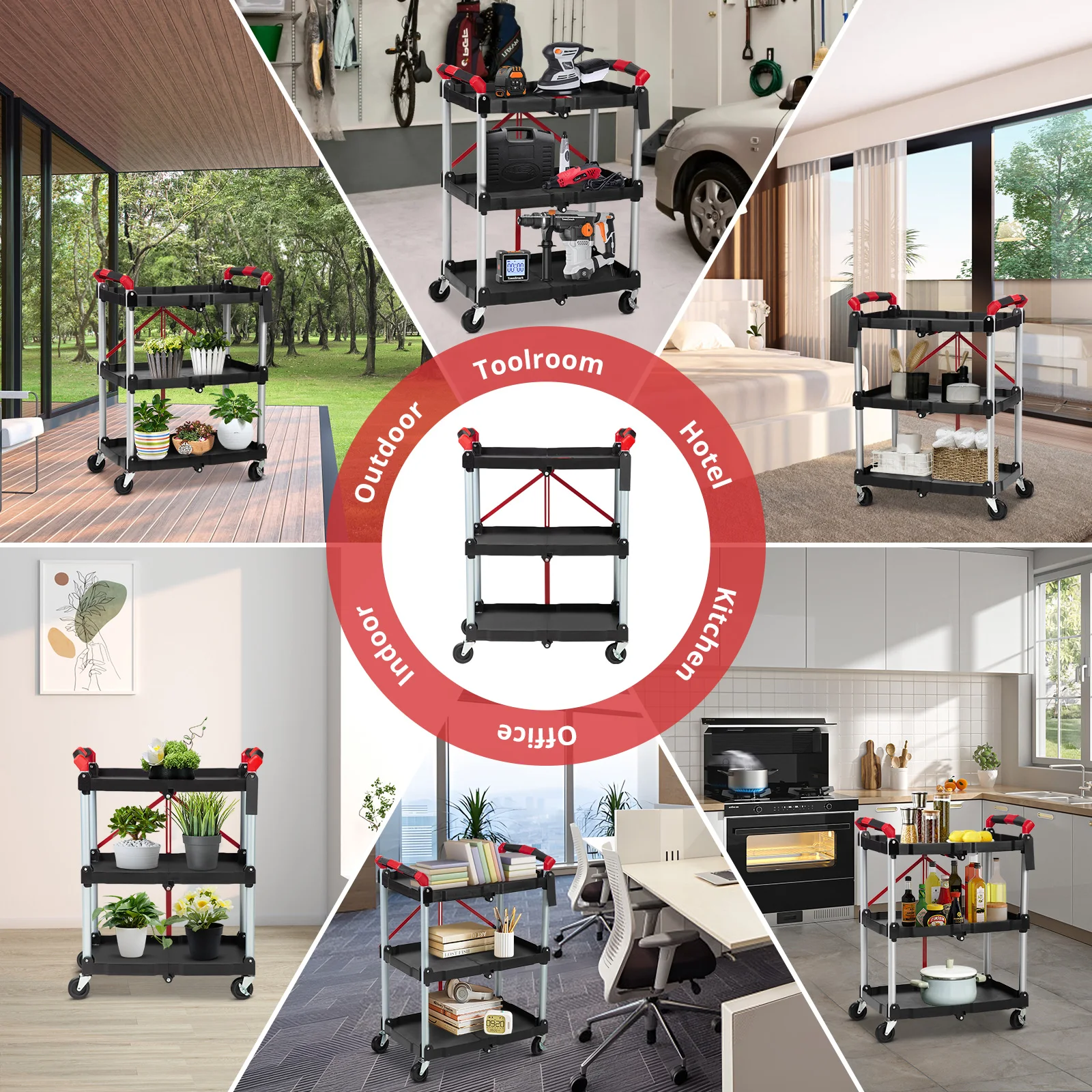 Portable Folding Service Cart with Wheels Tool Carts 3 Tier Rolling Utility Carts Collapsible Push Cart for Warehouse Garage