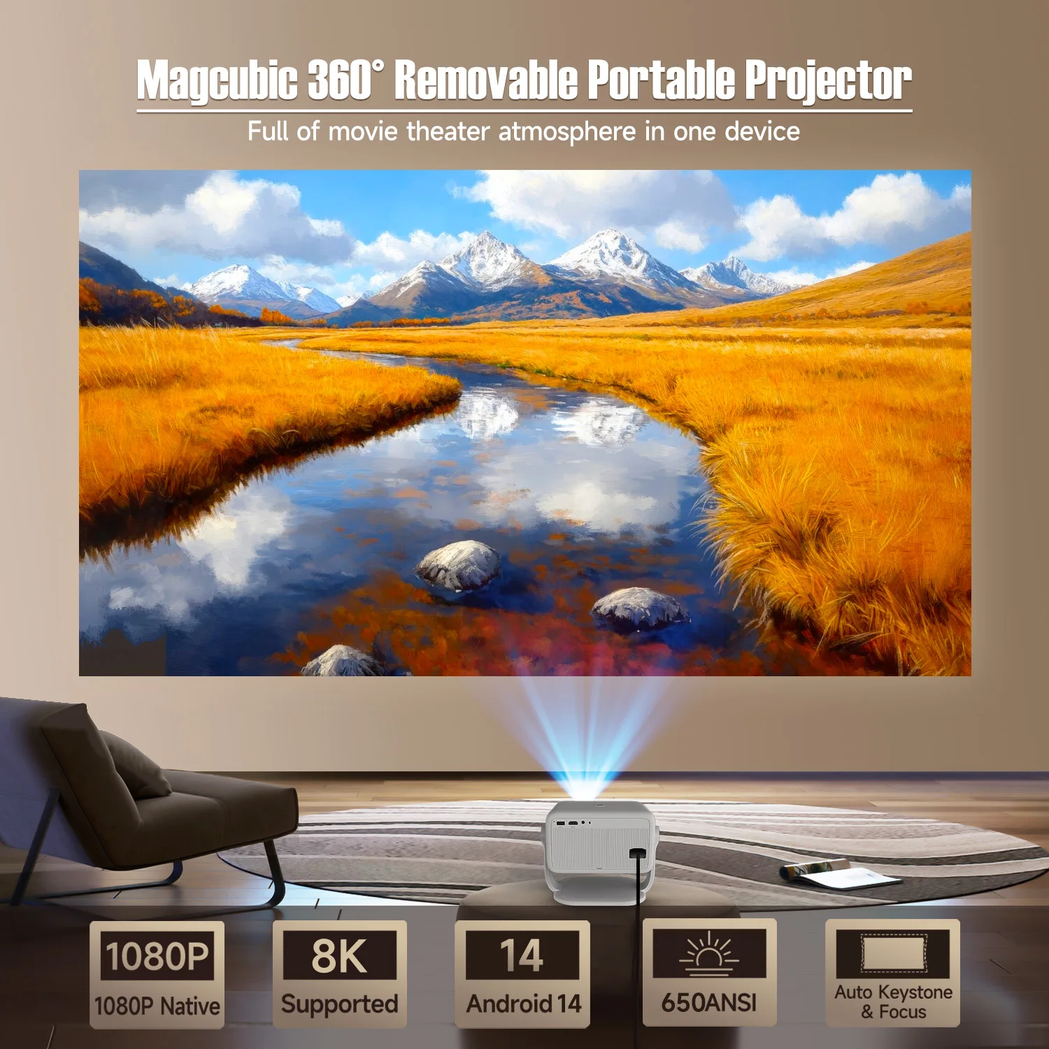 Magcubic 8K Android14 Projector L018 650ANSI Auto Focus & Keystone 1080P 360° Rotate Wifi6 BT5.4 Portable Movie Outdoor Airmouse