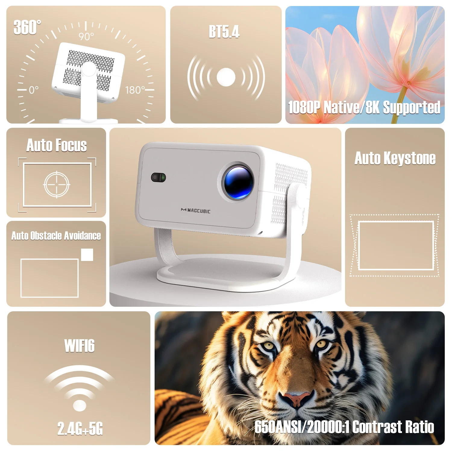 Magcubic 8K Android14 Projector L018 650ANSI Auto Focus & Keystone 1080P 360° Rotate Wifi6 BT5.4 Portable Movie Outdoor Airmouse