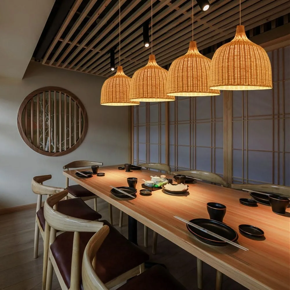 Natural Bamboo Pendant Light Country Style Wicker Lamp Shade E27 Handmade Woven Chandelier Ceiling Light Fixtures for Restaurant