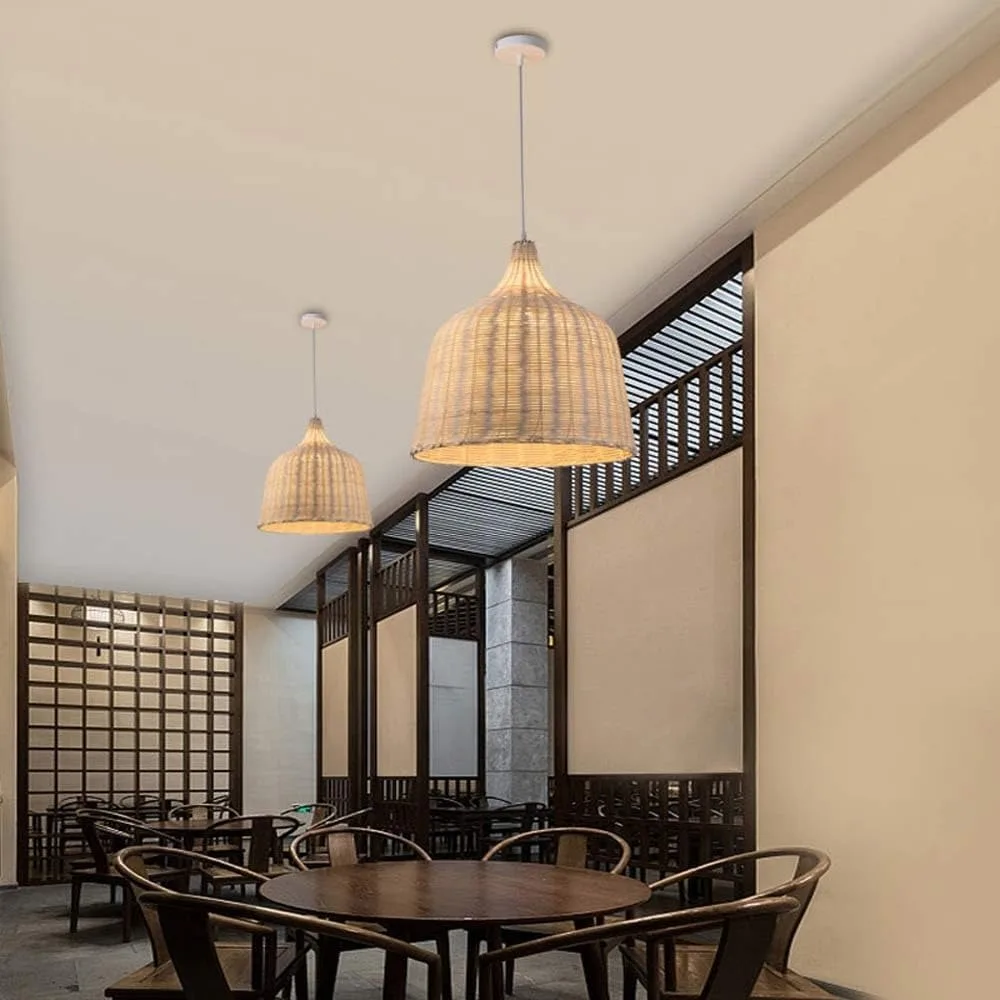 Natural Bamboo Pendant Light Country Style Wicker Lamp Shade E27 Handmade Woven Chandelier Ceiling Light Fixtures for Restaurant