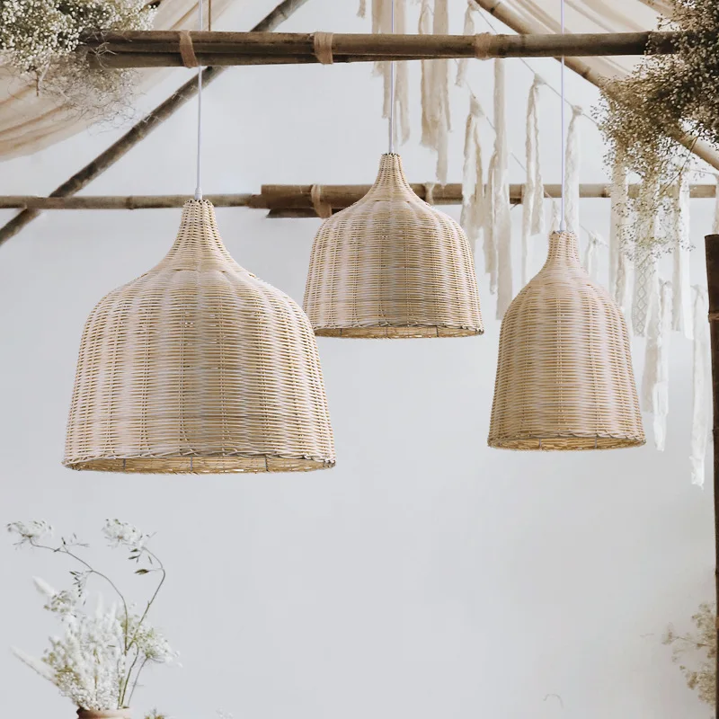 Natural Bamboo Pendant Light Country Style Wicker Lamp Shade E27 Handmade Woven Chandelier Ceiling Light Fixtures for Restaurant