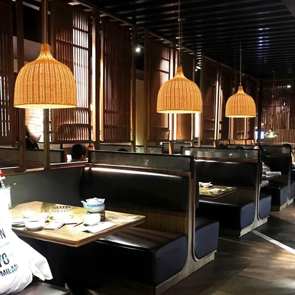 Natural Bamboo Pendant Light Country Style Wicker Lamp Shade E27 Handmade Woven Chandelier Ceiling Light Fixtures for Restaurant