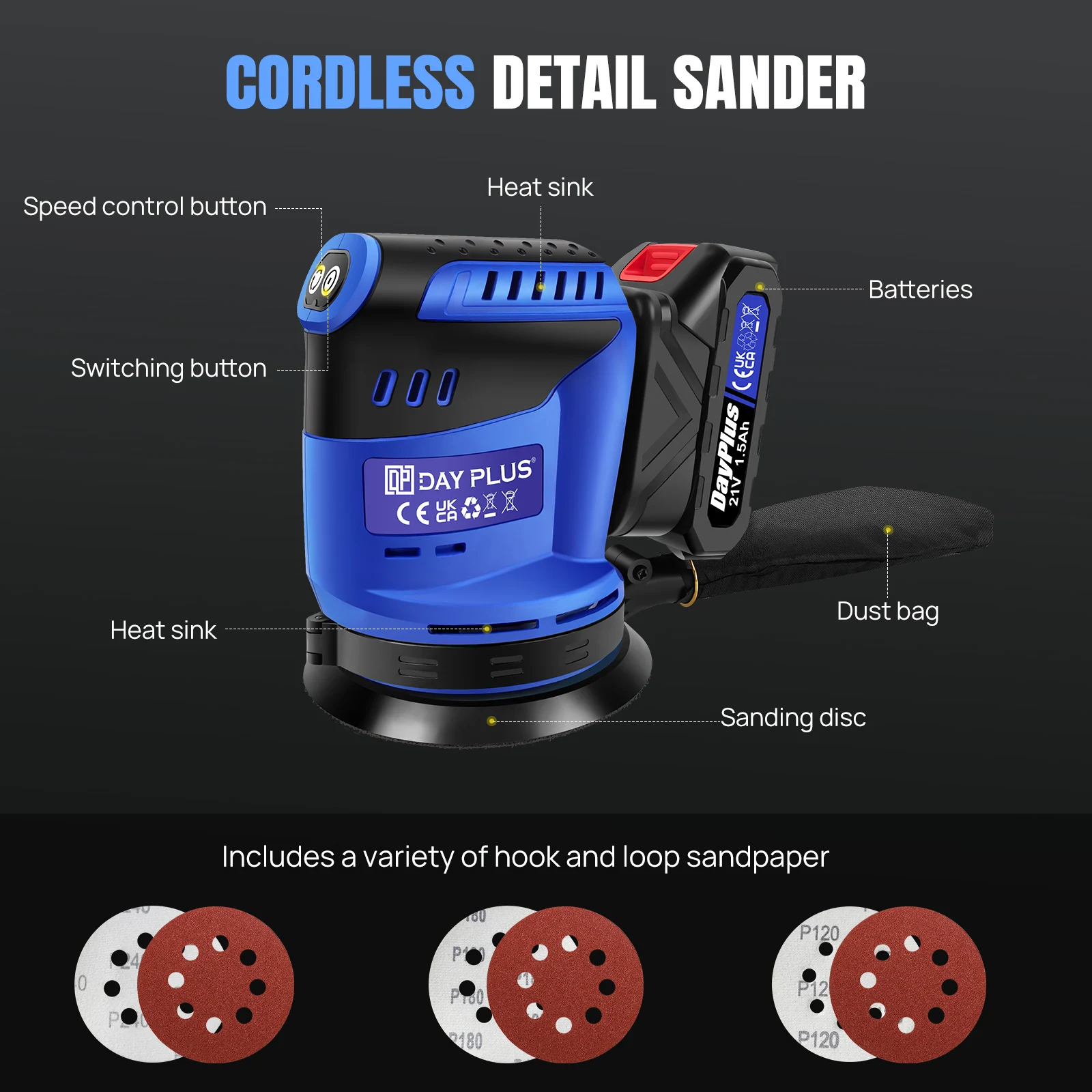 DayPlus 125mm 190W Cordless Orbital Sander Wood Grinder Electric Car Polisher Metal Grinding Sanding Tool fit for Makita Battery