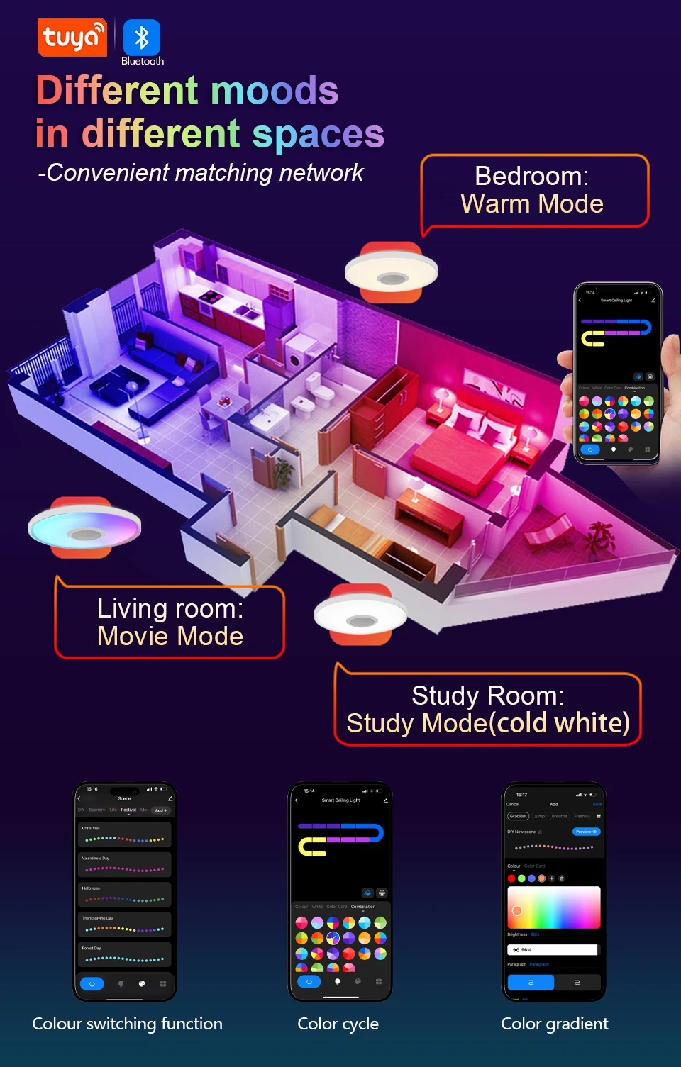 MARPOU LED Modern Ceiling Light RGB Colorful Dimming APP Remote Control 18 Inch Large Size Smart Home Music Ceiling Lamp Bedroom
